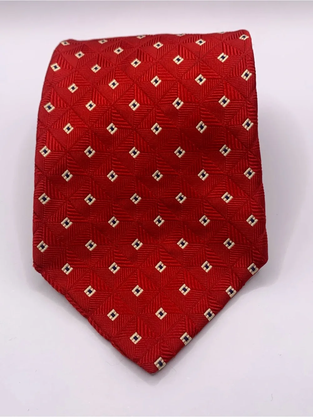 Tommy Hilfiger Red Silk Tie with Cream Geometric Motif and Navy Tip